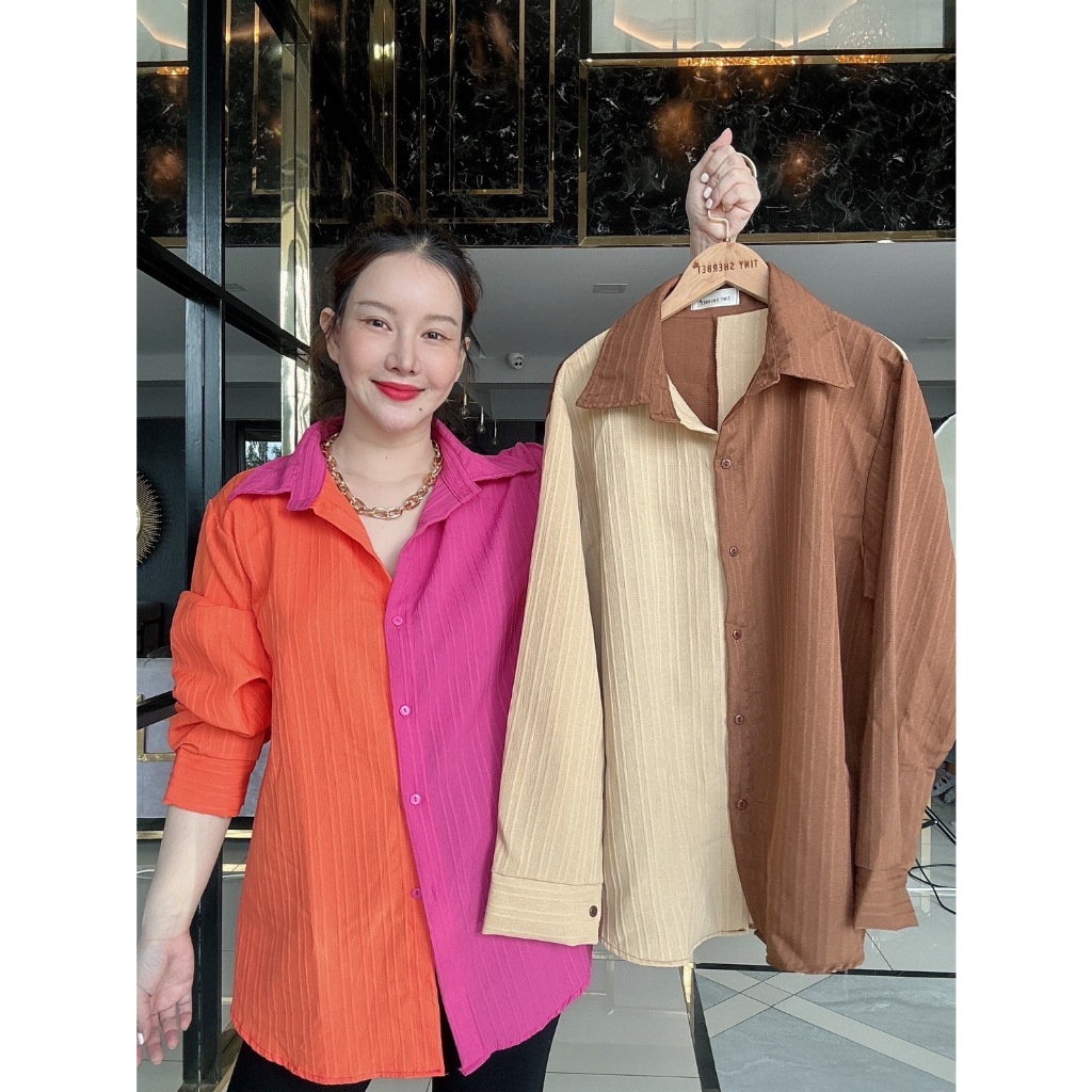 E32 รุ่นใหม่เข้าแล้ววว เสื้อเชิ้ตสลับสีหวานหรูมากก อก46+ ใส่สบาย ผ้านิ่ม ทรงสวย งานป้าย Tinysherbet