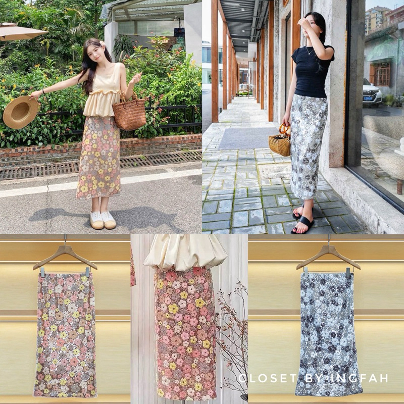 wink wink skirt กระโปรงยาว กริตเตอร์ เอวสูง ปักเลื่อม ลายดอกไม้