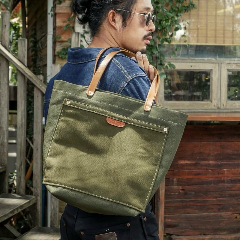 กระเป๋าแคนวาสอย่างดี สายหนังแท้ 💦TOTE BAG Canvas Waterproof ( กันน้ำ )