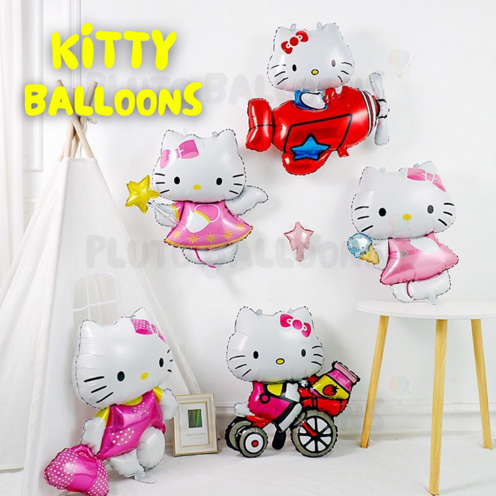 [ร้านไทย] - 🎈ลูกโป่งฟอยล์คิตตี้ ใบหนา ใบใหญ่ 6 แบบ [เครื่องบิน เต้นรำ ไอศครีม ถือกระเป๋า ฯ]🎈