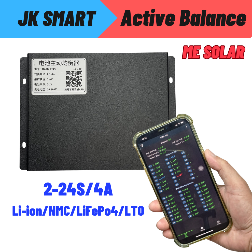 JK Smart Active Balance 2-24S 2A/4A/15A เชื่อมต่อผ่านบูลทูธ รองรับแบตชนิด Li-ion/NMC LiFePo4 และ LTO