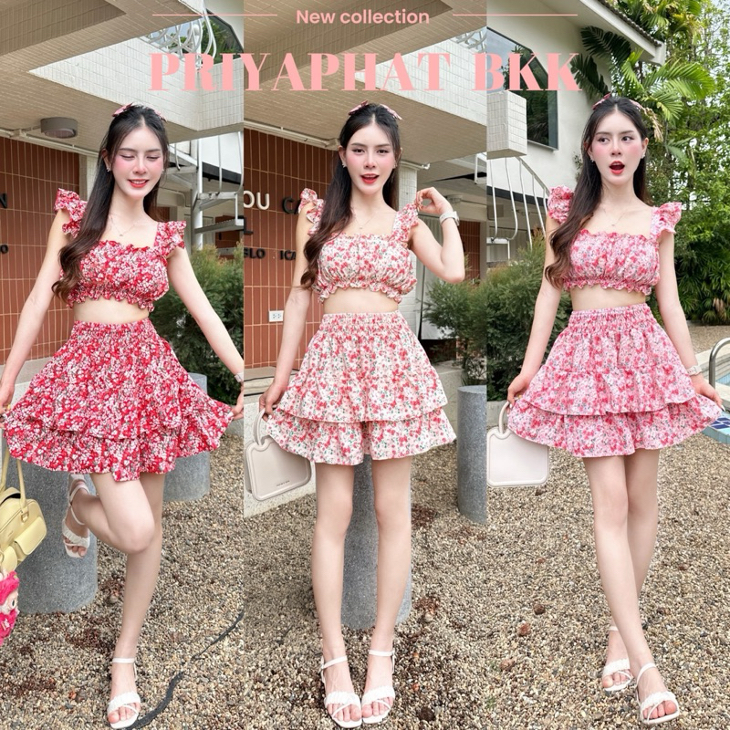 🎀New🎀ชุดเซ็ตสายเดี่ยว+กระโปรงระบายสั้น2ชั้น ชุดน่ารักมาก ผ้านิ่มใส่สบาย