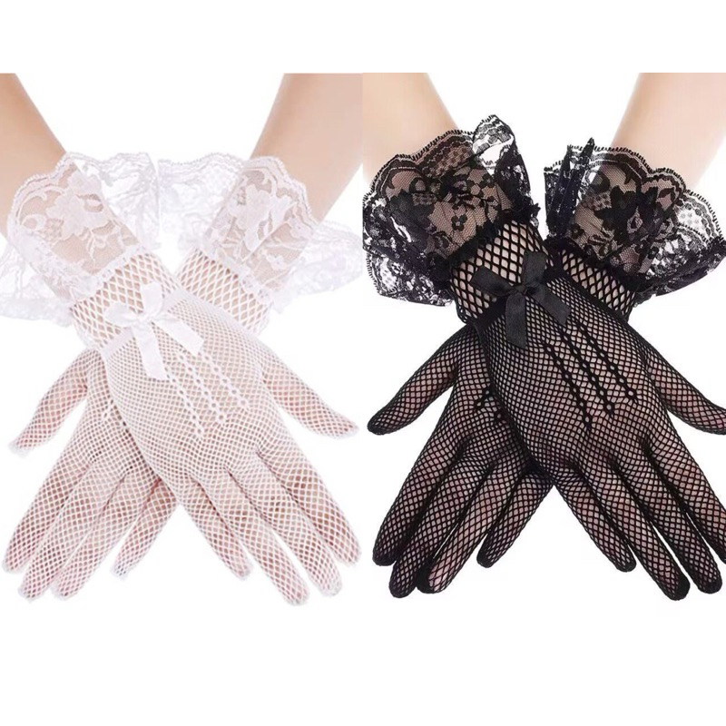 ถุงมือตาข่ายยืดติดโบว์ ลูกไม้สีขาว สีดำ ลายลูกไม้สวย เหมาะเด็กโตถึงผู้ใหญ่ พร้อมส่งสต็อกในไทย