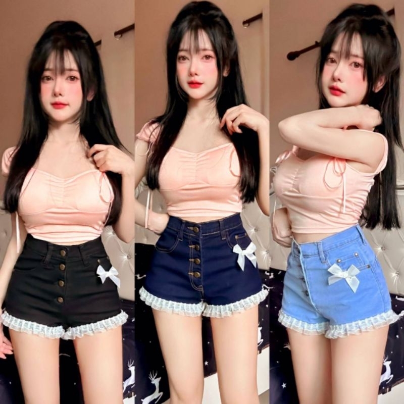 กางเกงยีนส์ขาสั้นดาด้า รุ่นริบบิ้น(กระดุมหน้า/ซิป)