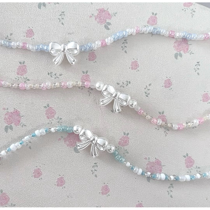 🎀 coquette necklace 🎀 สร้อยคอลูกปัด จี้โบว์ มีโซ่ปรับระดับ