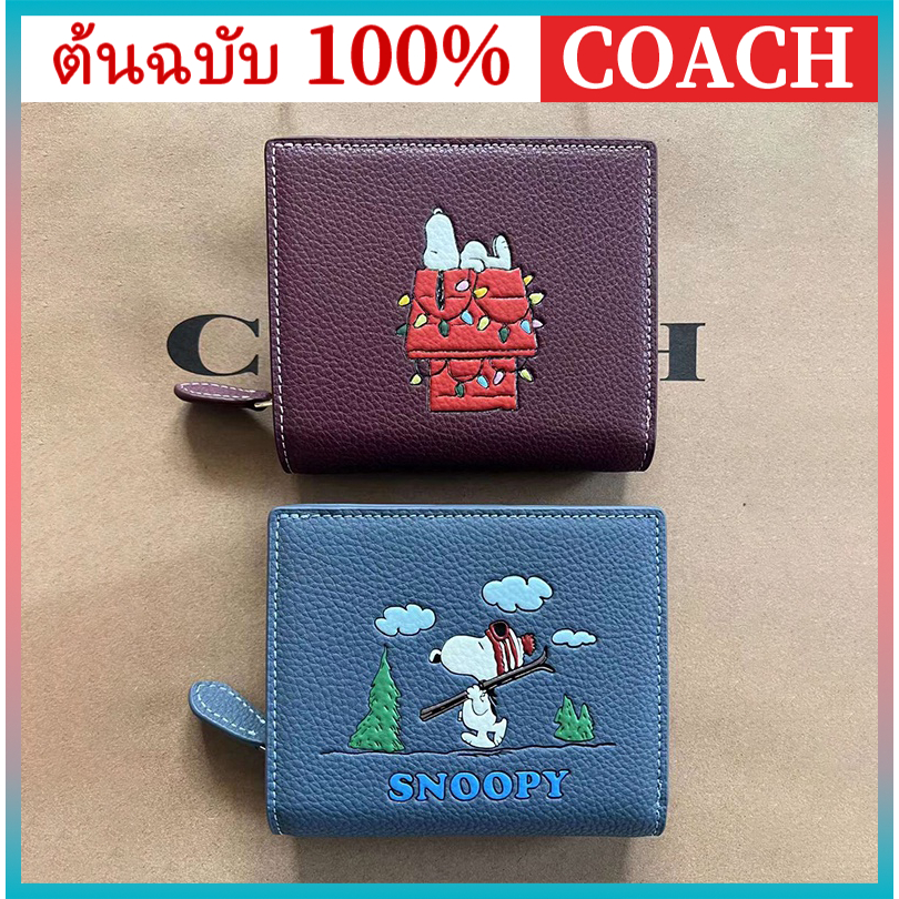 COACHกระเป๋าสตางค์ หนังแท้ มีซิป ลายดอกไม้ สําหรับผู้หญิง