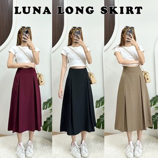 LUNA SKIRT กระโปรงจีบยาวหน้า-หลัง ขอบเอวเรียบซิปหลัง ผ้าบาร์บี้เปเป้ เอวสูง