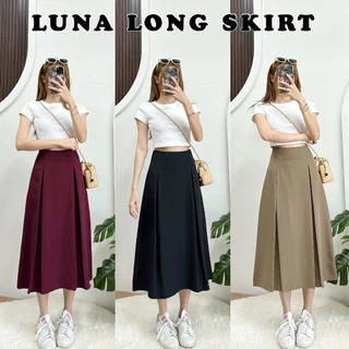 LUNA SKIRT กระโปรงจีบยาวหน้า-หลัง ขอบเอวเรียบซิปหลัง ผ้าบาร์บี้เปเป้ เอวสูง