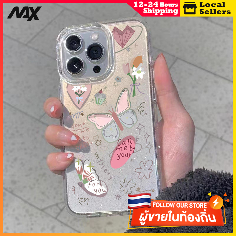 ผงเพชรแผ่นโปร่งใส เทรนด์แฟชั่น ผีเสื้อในภาพ for 11 12 13 15 14plus 15 pro max XR 12 13pro 14 7P 8P XS 14Pro 11pro