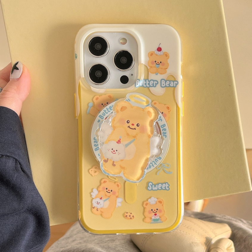 ใหม่ แม่เหล็ก ขาตั้ง การ์ตูน น้องหมีเนย เคสไอโฟน 15 14 13 12 pro max หวานสวย สีเหลือง น่ารัก case for iPhone 13