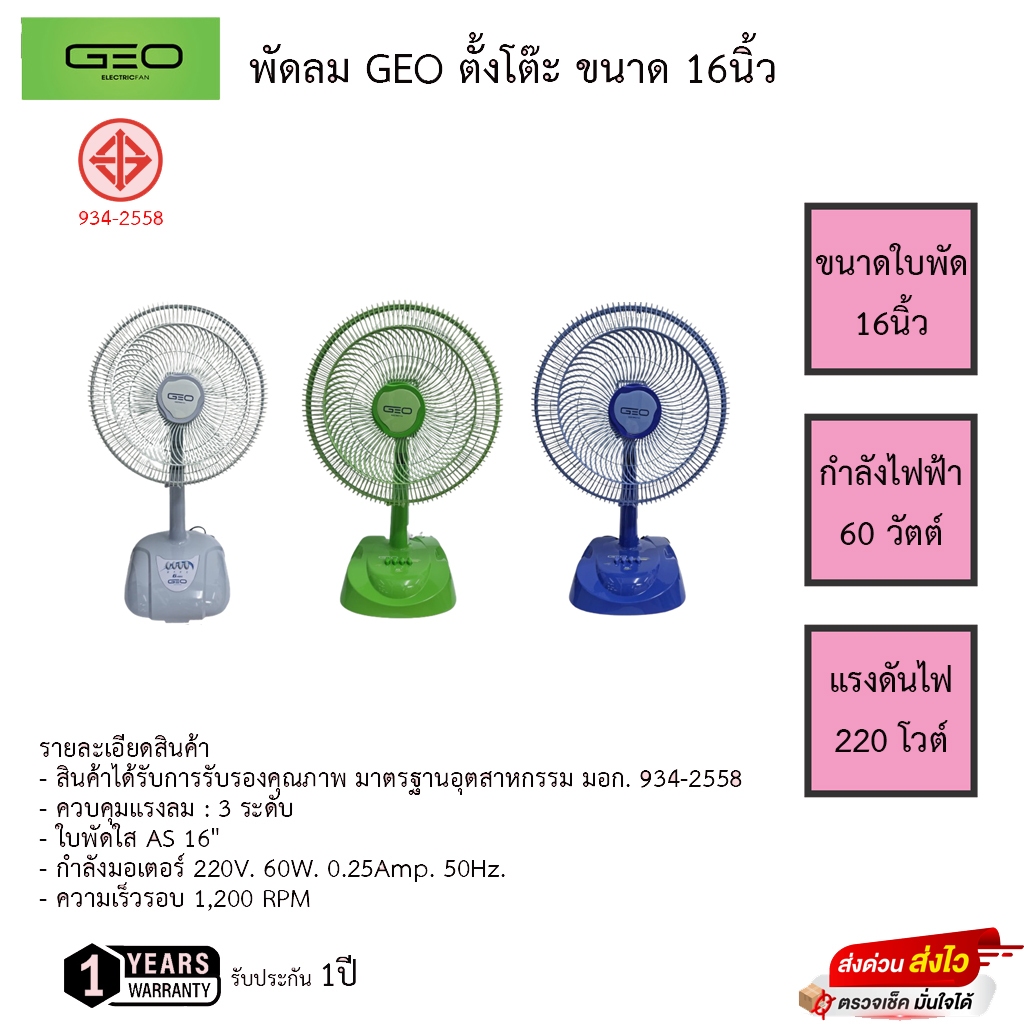 พัดลมตั้งโต๊ะ GEO 16นิ้ว รุ่น NRG รับประกัน1ปี