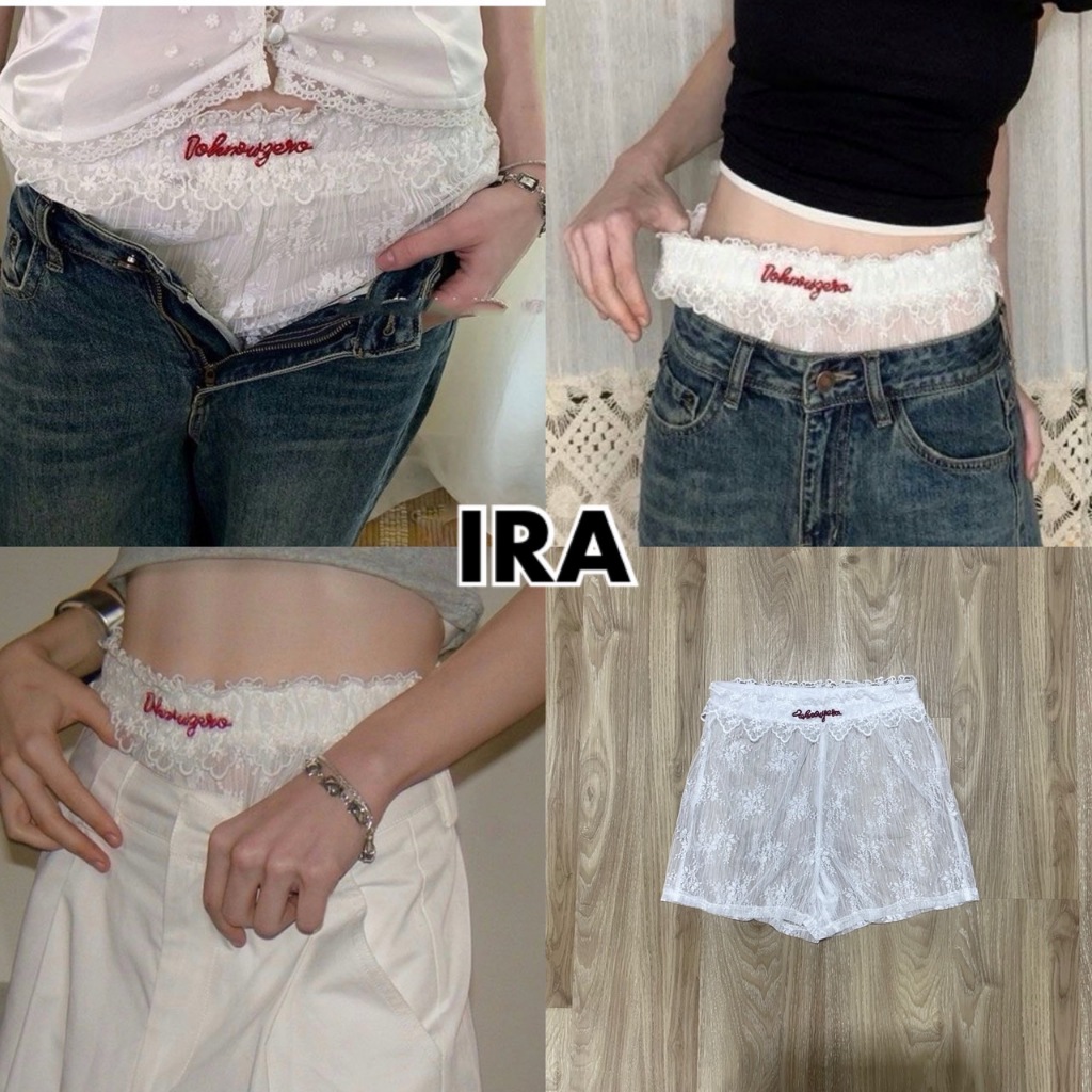 BY IRA (23205) พร้อมส่ง กางเกงขาสั้นผู้หญิงเอวยางยืด แต่งลูกไม้ปักสีขาว งานเซ็กซี่ น่ารัก