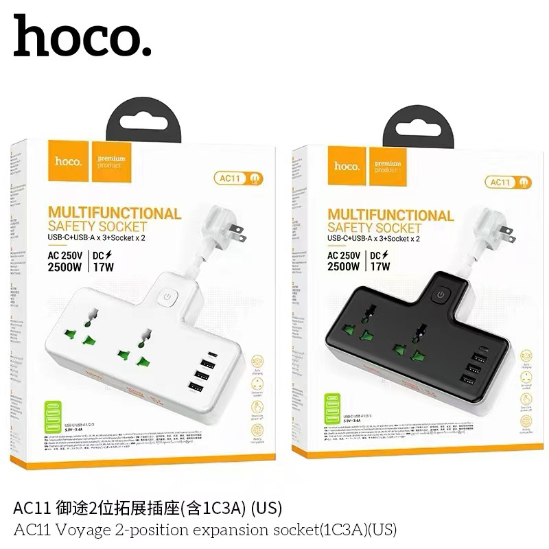 HOCO AC11 ปลั๊กไฟ 3ช่องUSB 1ช่องType-C ไฟUSB ปลั๊กสายต่อพ่วง 3 ตา สามตา กำลังไฟ AC250V-2500W DC 17W