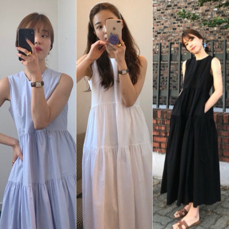 เดรสยาวแขนกุดสีพื้น แต่งเย็บชั้นๆ