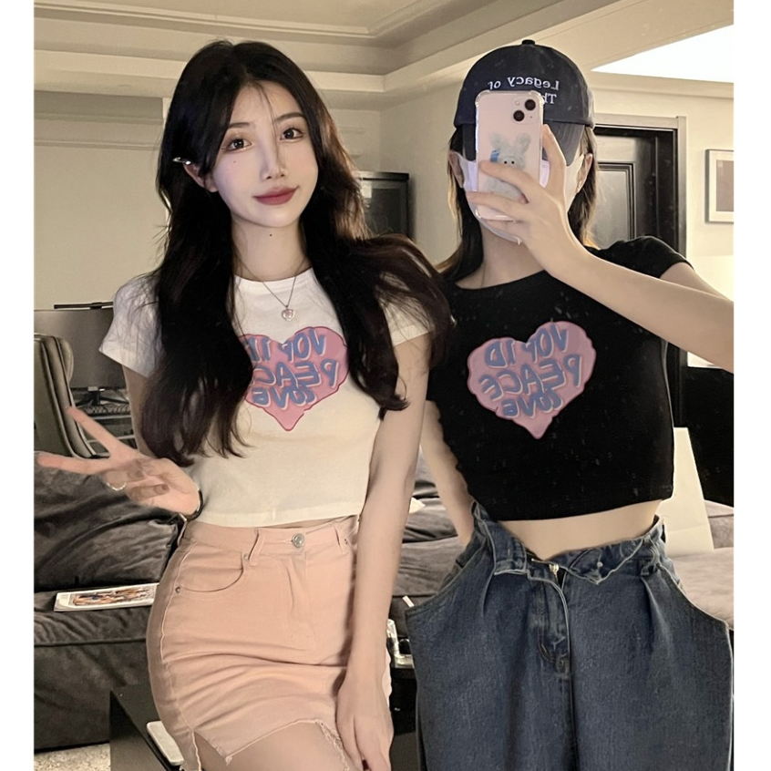 เสื้อยืดแขนสั้นผู้หญิง ins พิมพ์ลายแขนสั้นเสื้อรัดรูปพิมพ์ลายแขนสั้นมี 2 สีให้เลือก