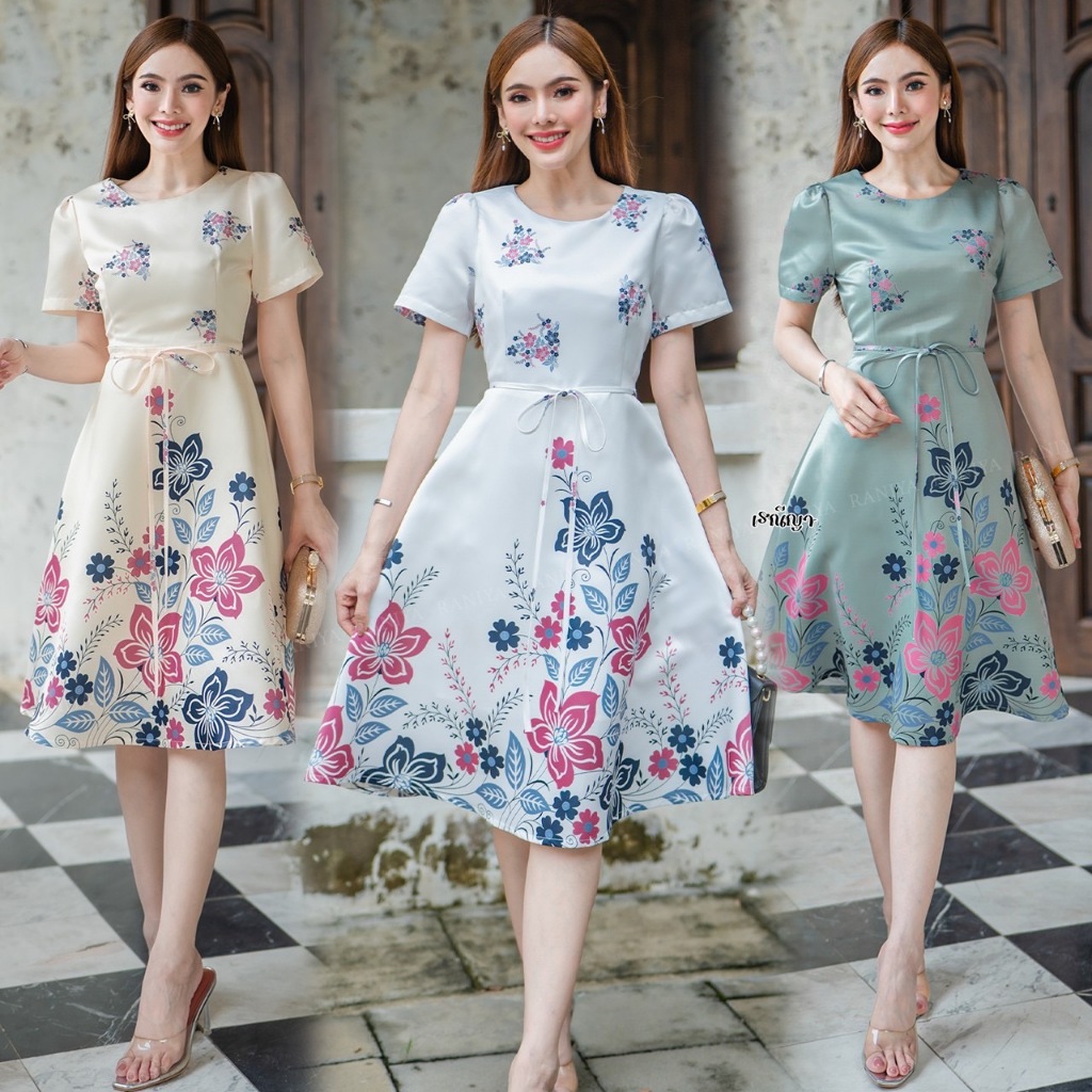 รหัส6766 งานชุดเดรสผ้าSatin silk แขนสั้น เนื้อบางไม่หนามาก งานปริ้นลายดอก