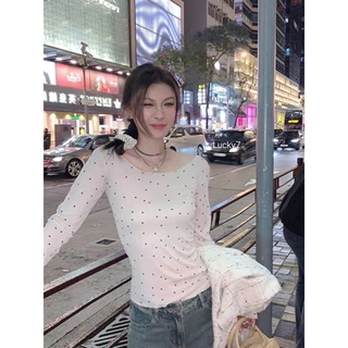 BY IRA ❤️พร้อมส่ง❤️ เสื้อยืดแขนยาว คอเดียว ลายจุด ทรงสลิมฟิต สําหรับผู้หญิง