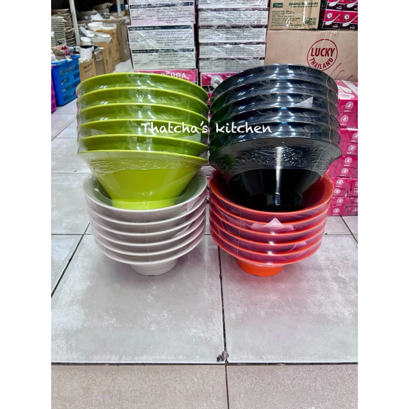 ชามขอบตั้ง ขนาด 8.25 นิ้ว เนื้อเมลามีน สีดำ/เขียว/ส้ม ตรา shabu fancy ( บรรจุ 6 ใบ )