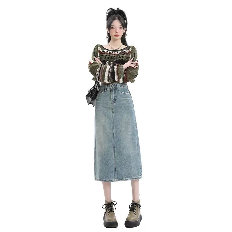 ส่งไวจากไทย กระโปรงยีนส์ผู้หญิง กระโปรงยีนส์ยาวผ่าด้านหน้าXS-2XL