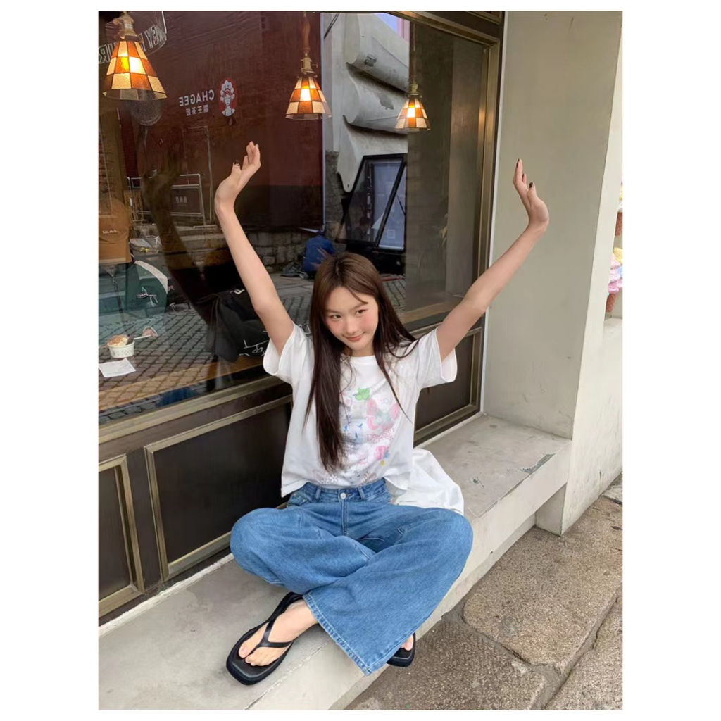 กางเกงยีนขาบาน เอวสูง ลําลอง สีฟ้า #9933 - รูปที่ 6