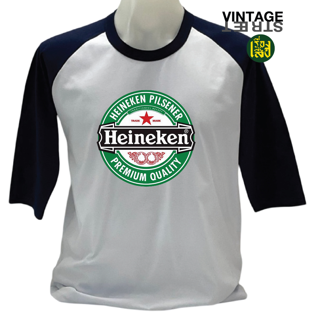 เรื่องเสื้อ เสื้อไหล่สโลปสกรีนลาย Heineken วินเทจแขนสามส่วน เสื้อยืดแฟชั่น