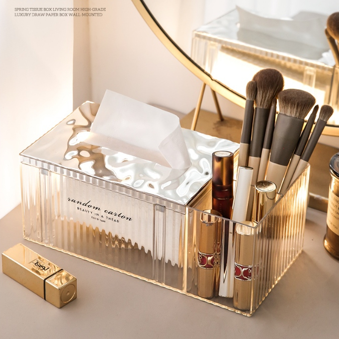 กล่องเก็บทิชชู่ พร้อมช่องใส่ของ แบบ 2IN1 ใส่ของได้มากขึ้น ฝาครอบปิดสีเงิน ดีไซน์เรียบหรู พร้อมส่ง