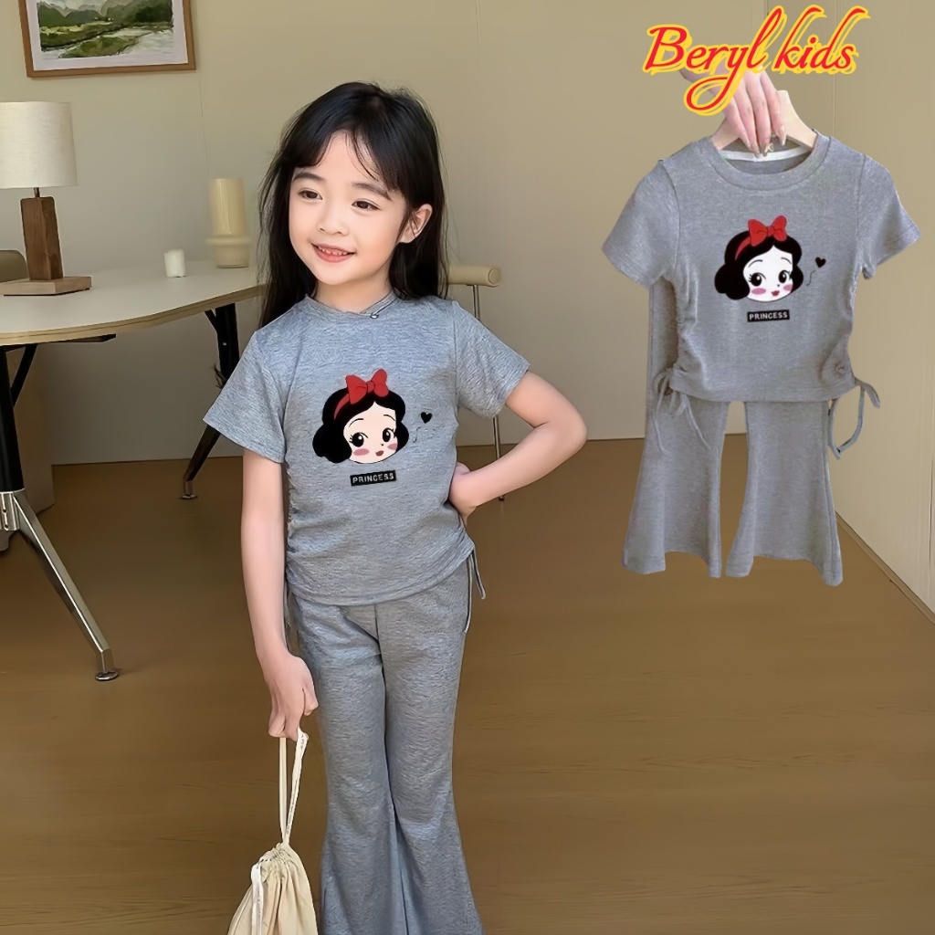 Beryl kids🌸ชุดเซ็ทเด็กผู้หญิงแฟชั่น🎀เสื้อแขนสั้นกางเกงขาม้า ขาบาน แบบบาง สองชิ้น กีฬา สไตล์เกาหลี ฤดูร้อน