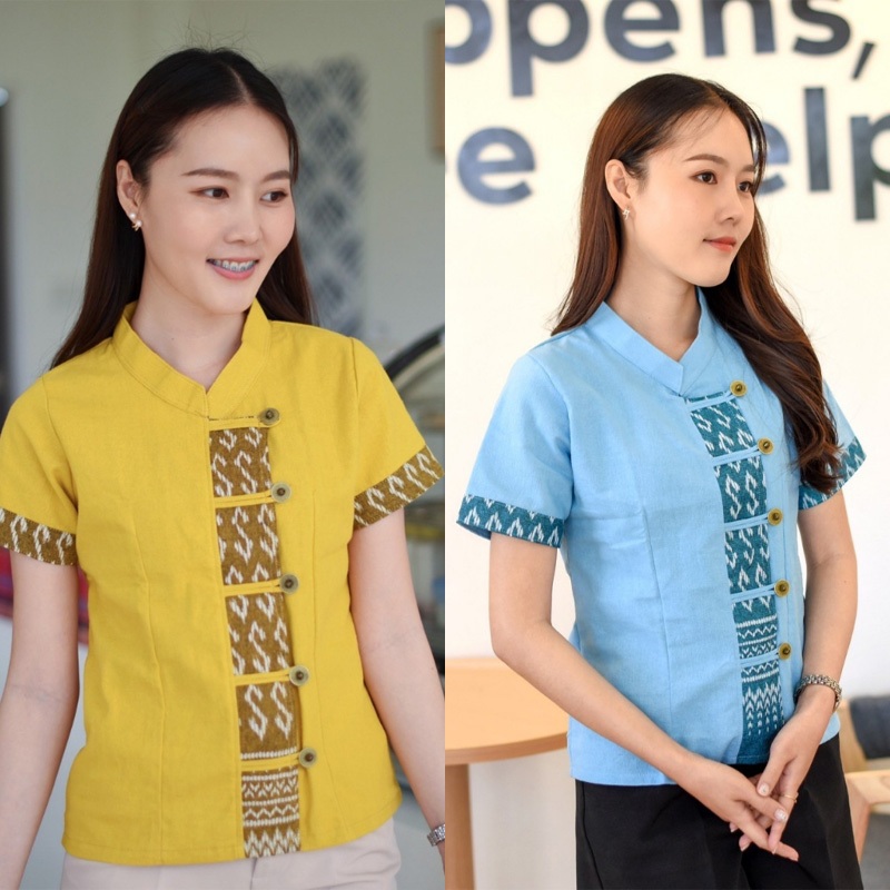 เสื้อผ้าฝ้ายคอจีน ป้ายแต่งเทปลายขอ