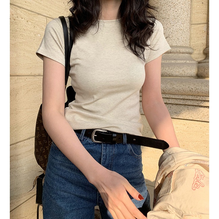 เสื้อยืดแขนสั้นไหล่ขวาสไตล์อเมริกันสำหรับผู้หญิง เสื้อคอกลม แขนสั้นฤดูร้อน มี 3 สี