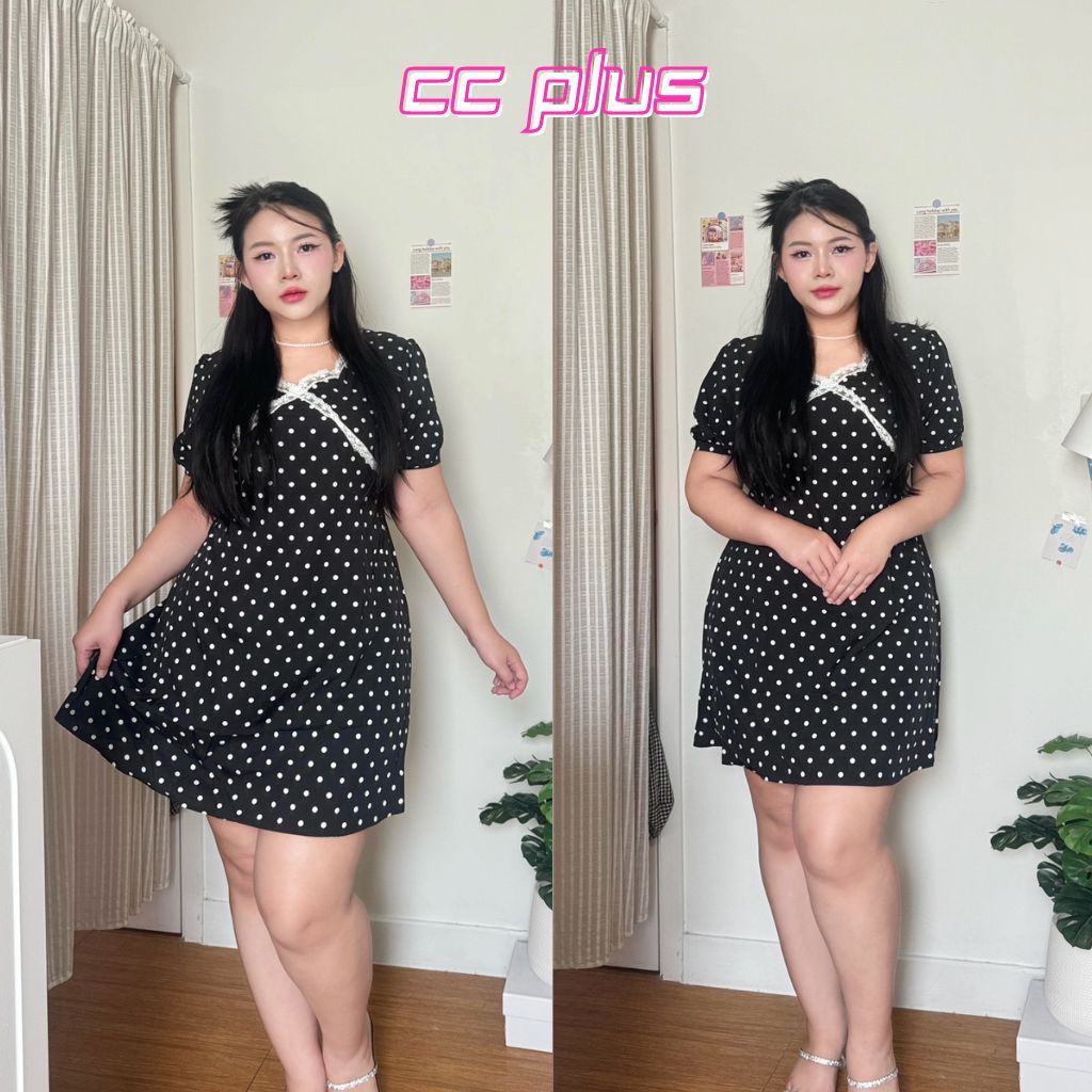 Cici plus+ (3311) เดรสสั้น ลายจุด คอวีแต่งขอบลูกไม้ เอวสม็อก ปล่อยชายระบาย สไตล์สาวหวานพลัสไซส์
