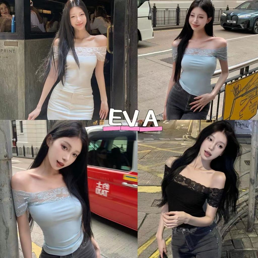 Eva เสื้อไหล่เดียวฝรั่งเศสสีทึบ เย็บลูกไม้ ไหล่เดียว เสื้อผ้าผู้หญิงแฟชั่นฤดูร้อน