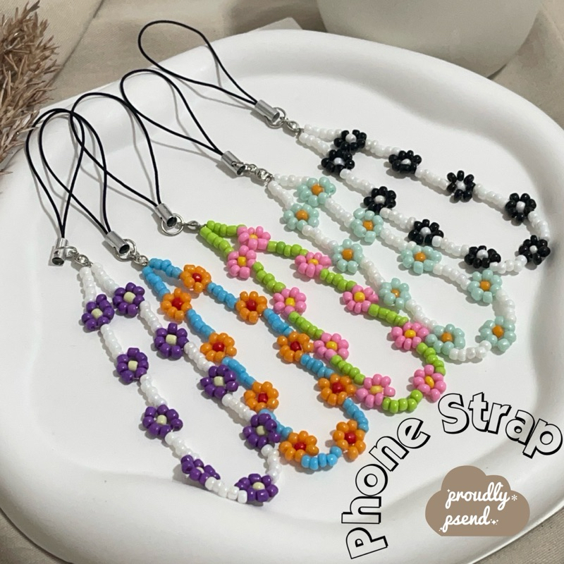Phone strap สายห้อยมือถือลูกปัดลายดอกไม้ คละสี