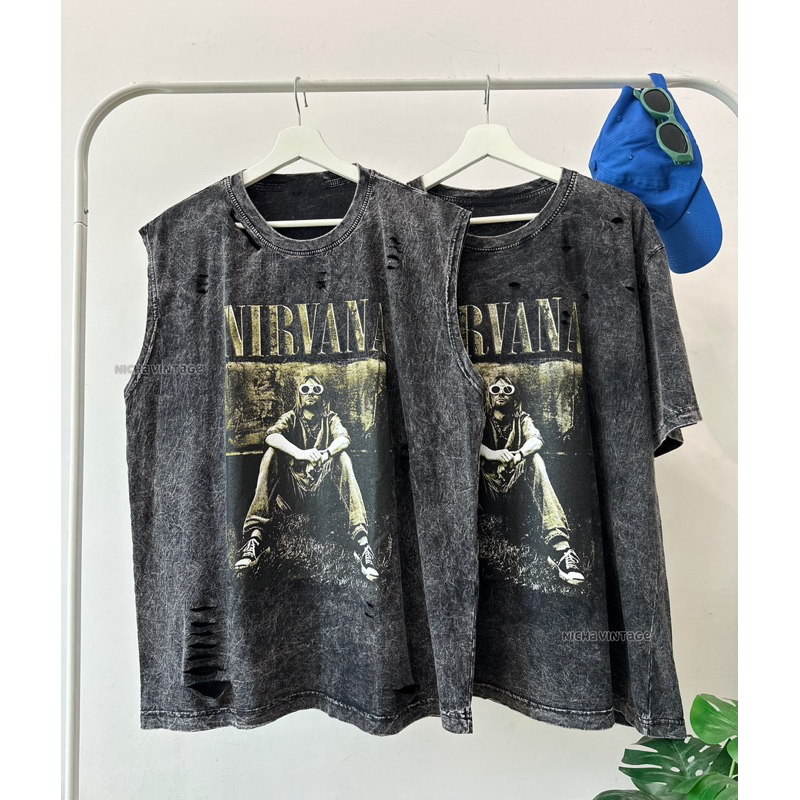 เสื้อยืดผ้าฟอกวินเทจแต่งขาด(ลายNIRVANA)สกินหน้าหลังเท่ๆๆ