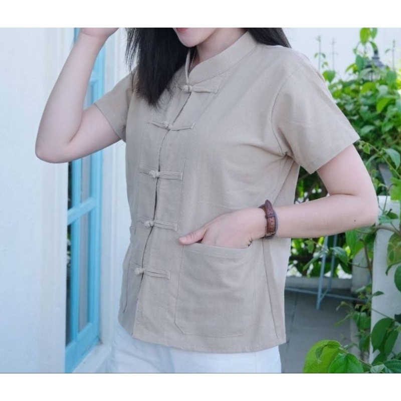 เสื้อผ้าฝ้ายคอจีนกระดุมขอด รุ่นมีกระเป๋า