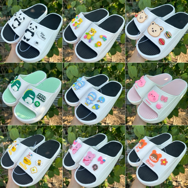 พร้อมส่ง (มีขนาด 36-45) รองเท้าแตะแบบสวมพื้นทูโทน สไตล์เกาหลี ใส่ได้ทั้งหญิงและชาย รองเท้าลายการ์ตูนน่ารัก(แบบสวมทูโทน)