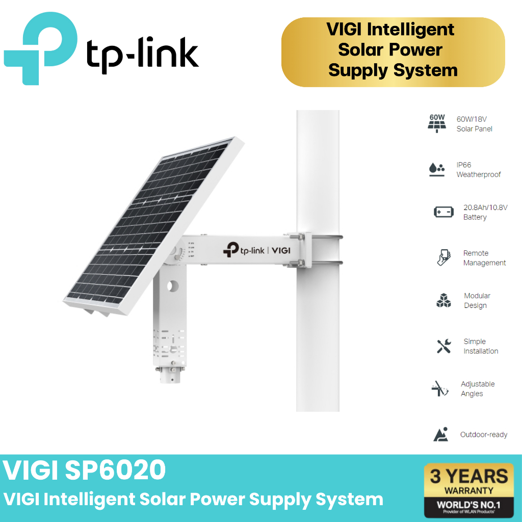 TP-Link VIGI SP6020 แผงโซลาร์เซลล์ IP66 กันน้ำกันฝุ่น VIGI Intelligent Solar Power Supply System รับ