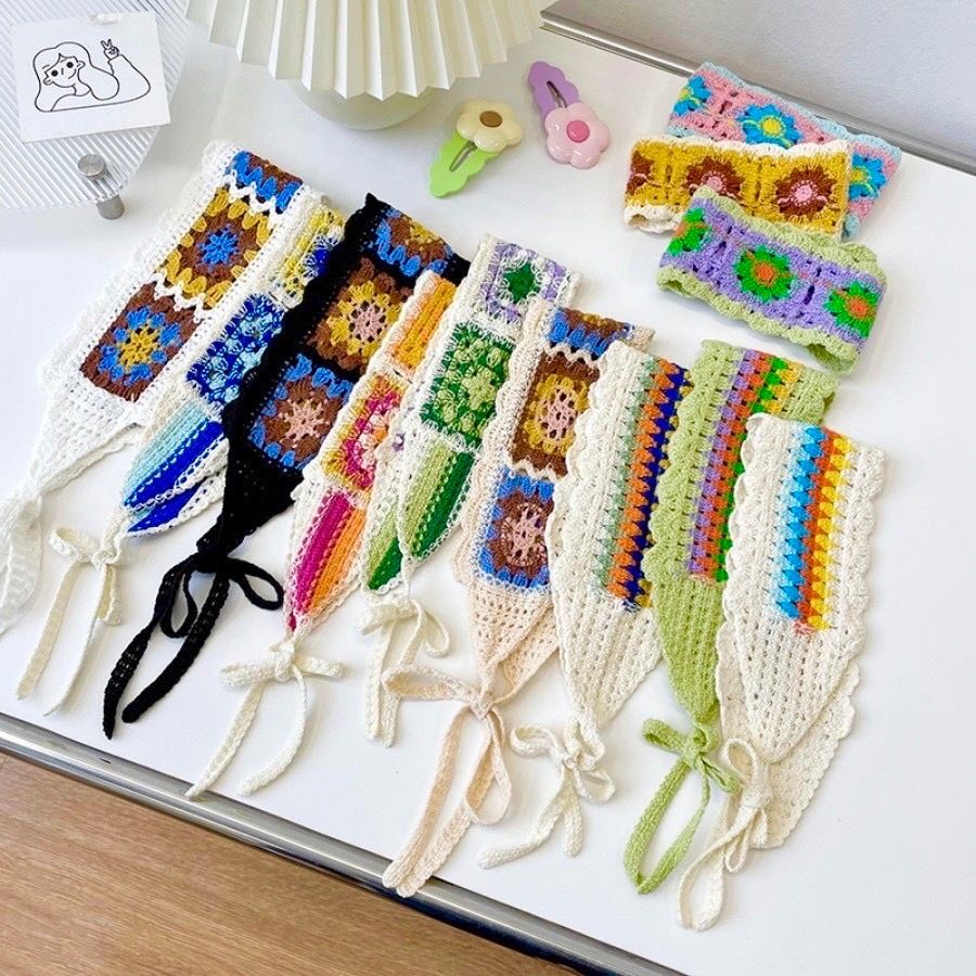 DFJ-ผ้าโพกหัว ที่คาดผม ผ้าถักแบบเล็ก ลายดอกไม้ พร้อมส่ง