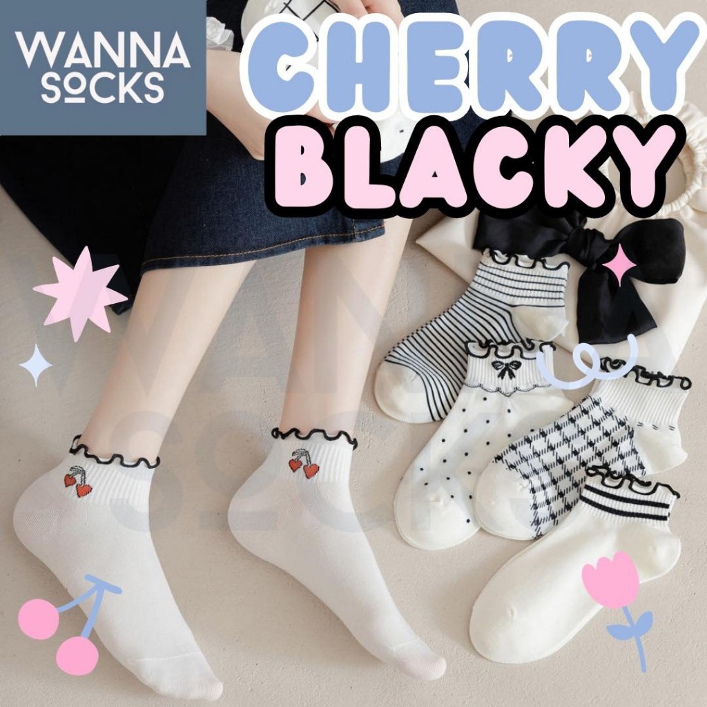 ส่งจากไทย!! ถุงเท้าลูกไม้ ข้อสั้น รุ่น CHERRY BLACKY สไตล์มินิมอล สีพื้น ถุงเท้าแฟชั่น ทำจากผ้าฝ้าย B17