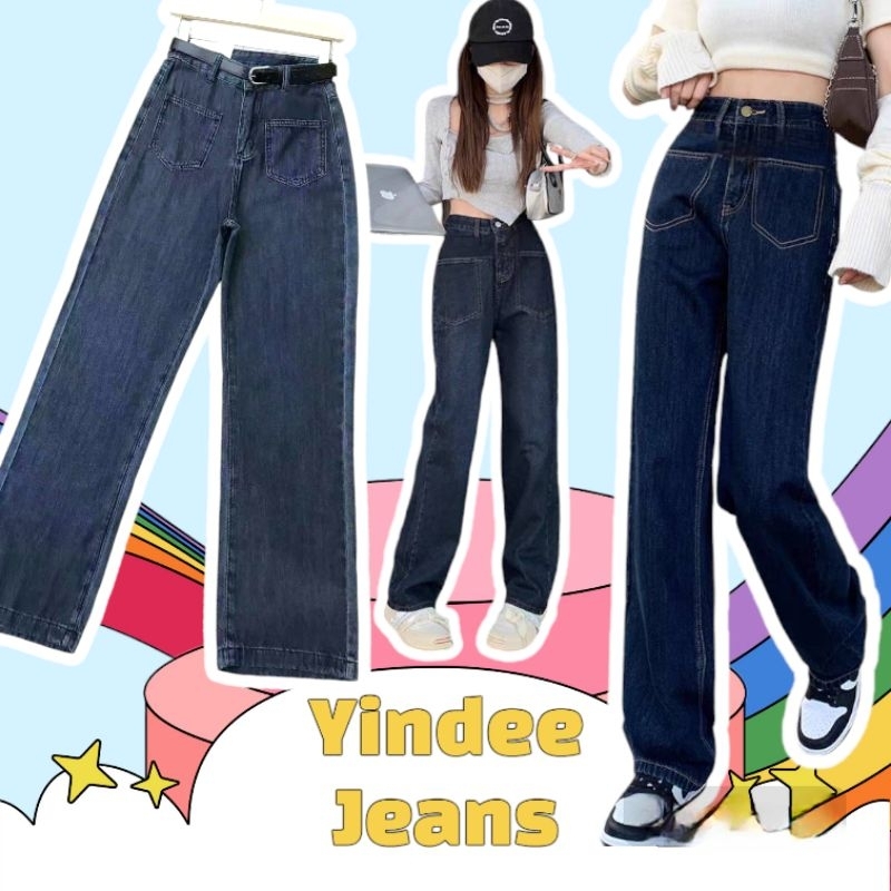 FA-5526 งานป้าย (S-XL) ยีนส์ทรงกระบอก แต่งกระเป๋าหน้า สียีนส์เข้มพรางหุ่นสวย