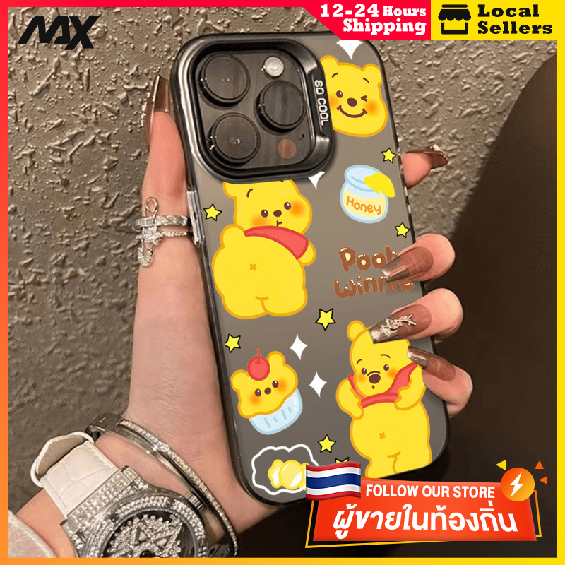 สีดำหรูหราซิลิโคนแข็งกรณีโทรศัพท์ หมีน้อยน่ารัก for IPhone 13 12 7Plus 14 15 11 Pro MAX 8 6 7 6S Plus X XR XS
