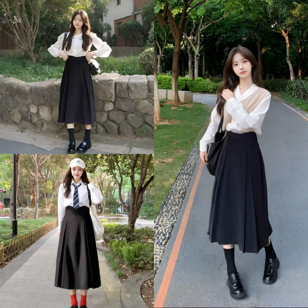 กระโปรงสีดำทรงยาวปานกลาง เพิ่มเสน่ห์คุณหญิงด้วยความเก๋แบบเกาหลี ที่ช่วยคลุมพุงและดูผอมเพรียว