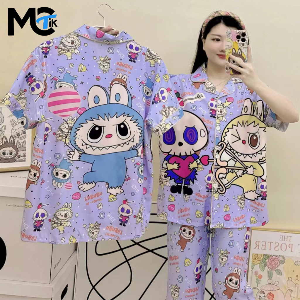 ลาบูบู้ ชุดนอนผ้าไหมอิตาลี่ ลายการ์ตูนน่ารักสไตล์เกาหลี SL11เสื้อแขนสั้น-กางเกงขายาว ขนาดXXL เกรดพรีเมี่ยม พร้อมส่ง