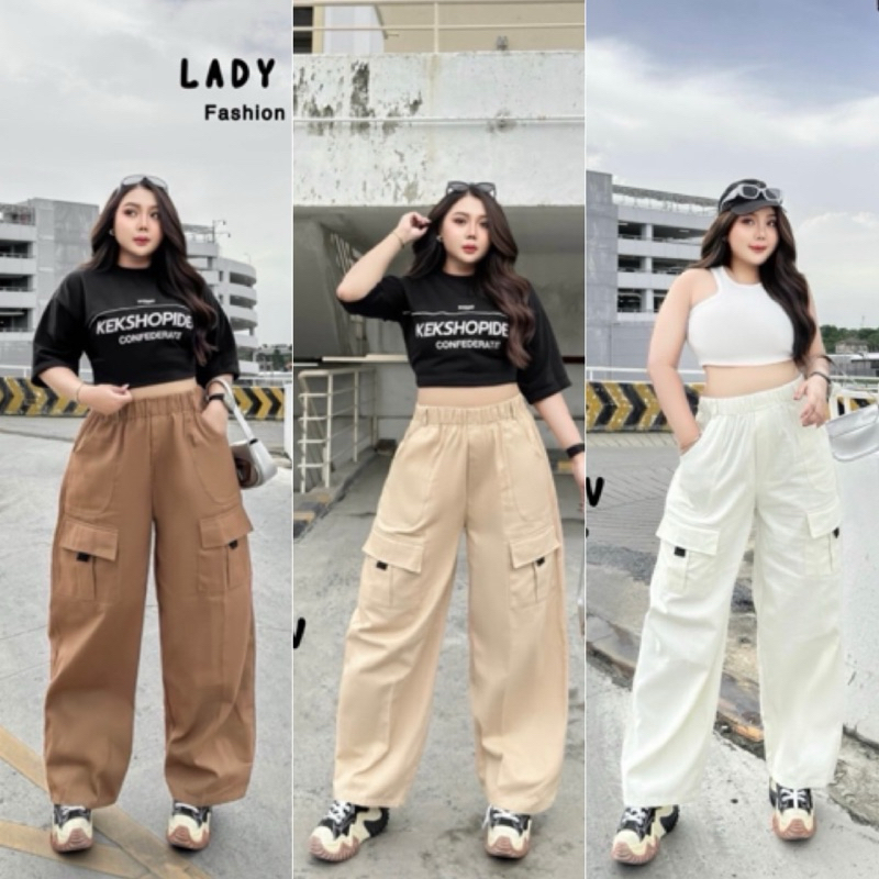 LC กางเกงขายาวทรงบอย ดีเทลกระเป๋าหน้าเท่ๆ สไตล์สตรีท เอวสม็อครอบ ไซส์ใหญ่