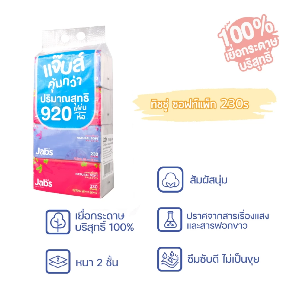 Jabs แจ๊บส์ ทิชชู่ซอฟท์แพ็ค 2ชั้น 230s x1 แพ็ค thumbnail 5