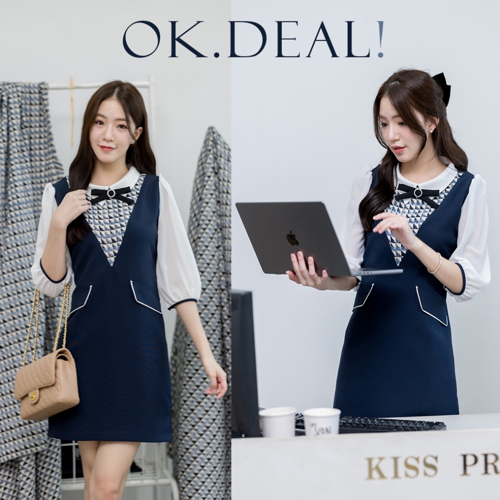 OK DEAL' dress + FREE navy-ribbon PIN ( SPECIAL WORKAHOLIC collection 8.8)