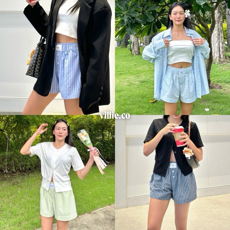 villie lazy shorts กางเกงขาสั้นลายทาง ทรงสวย ดีเทลน่ารัก