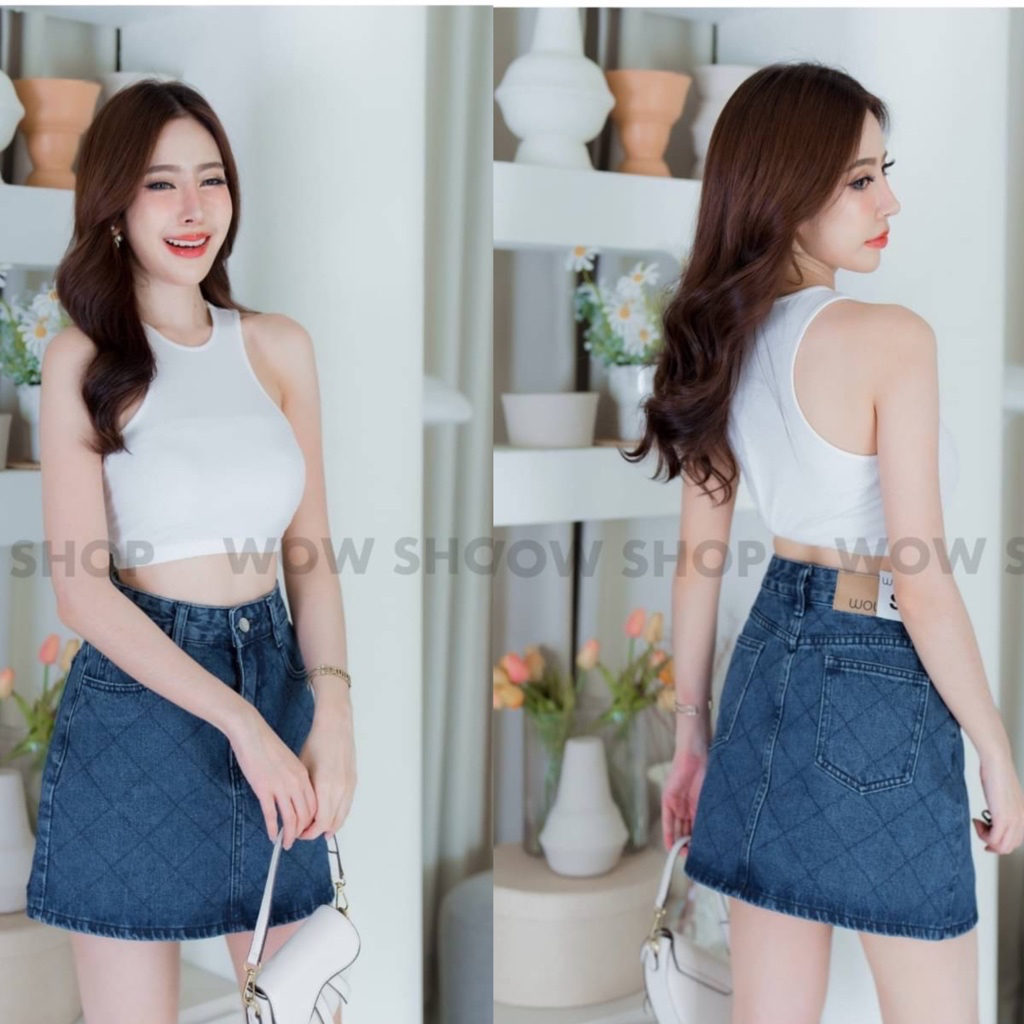 กระโปรงสั้น ยีนส์ไม่ยืด ป้ายWOW ทอลายข้าวหลามตัด มี2สี สวยมากๆ **รุ่นนี้ไม่มีซับใน