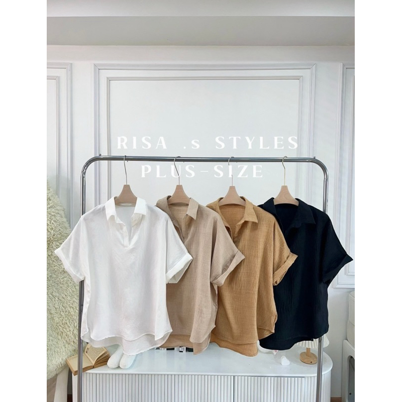 เสื้อเชิ้ตคอวี ปกตั้งแขนเบิ้ล ทรงพรางหุ่น สีพื้น จับใส่ได้บ่อย ไซส์ใหญ่ สาวอวบอ้วน เสื้อเชิตแขนสั้นไซส์ใหญ่
