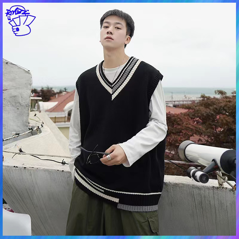 (ในสต็อก)เสื้อกันหนาวคอวีสไตล์ใหม่ผู้ชาย อิน อินเทรนด์สไตล์ฮ่องกงย้อนยุคหลวมเวอร์ชั่นเกาหลีสไตล์ญี่ปุ่นสวมใส่ด้านนอกเ