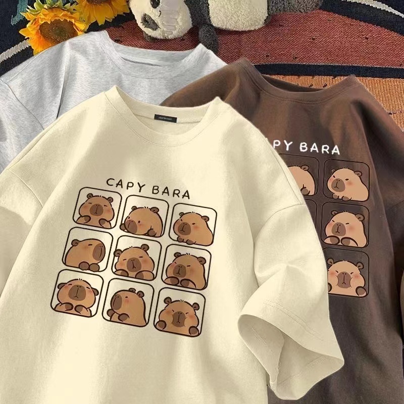 เสื้อยืดแขนสั้นผ้าฝ้ายเสื้อยืดคอกลม แขนสั้น พิมพ์ลายการ์ตูน ทรงหลวม สไตล์เกาหลี วินเทจ ฤดูร้อน สําหรับผู้หญิง
